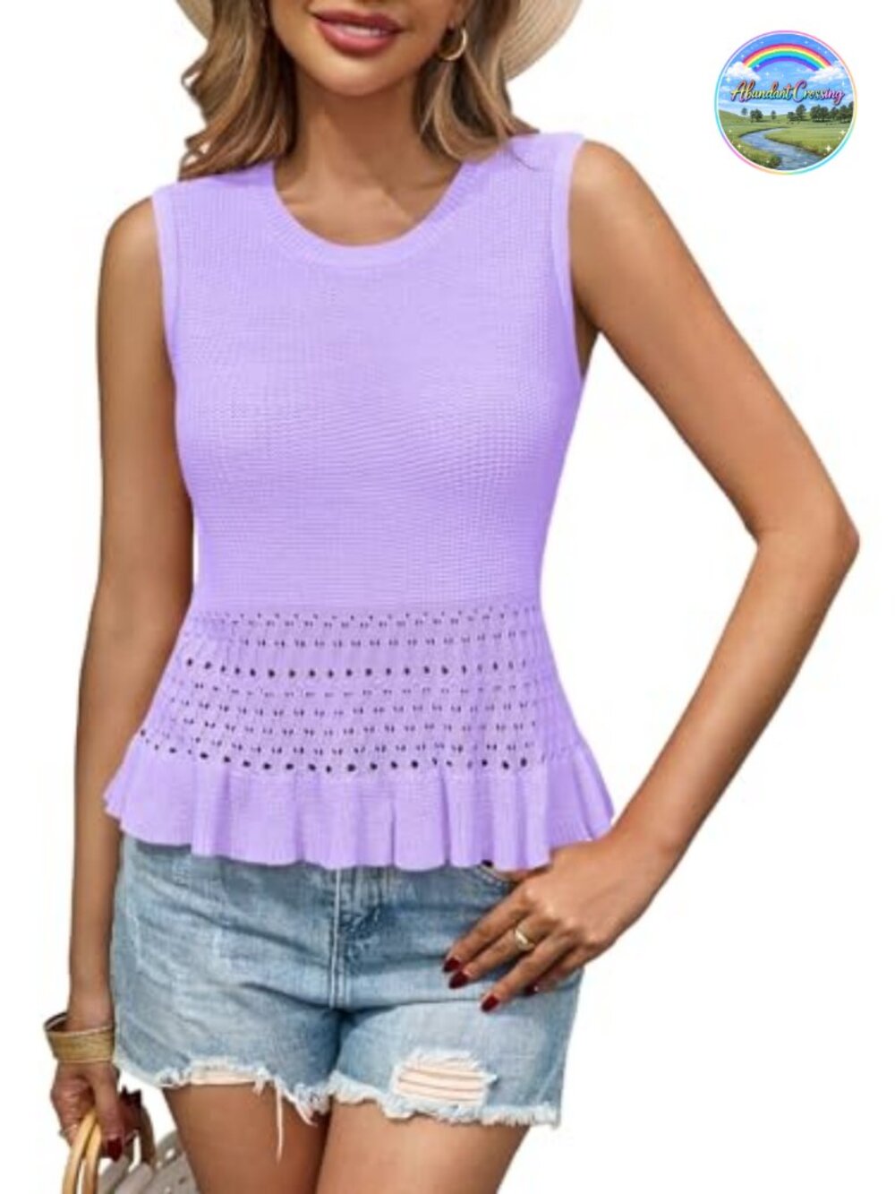 Saodimallsu Crochet Knit Tank Top Sweater Vest Ruffle Hem Sleeveless